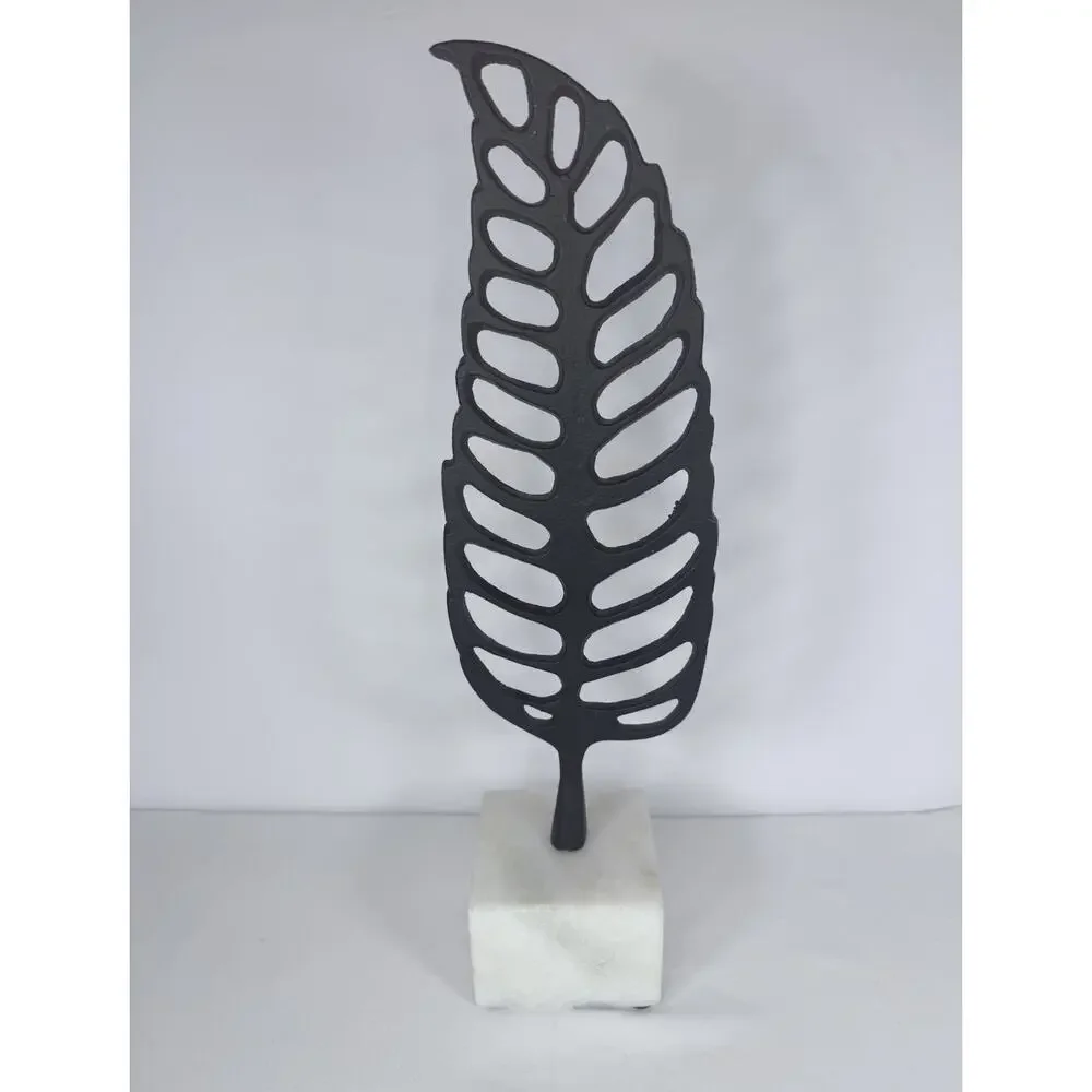 Modern Metal Leaf Sculpture on White Marble Base Art Decor